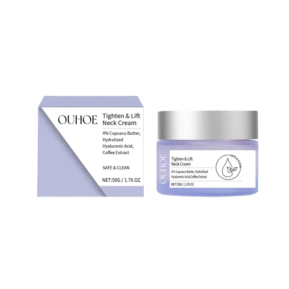 Ouhooe anti-aging neck cream in lavender jar with silver lid and purple white box for smoothing fine lines