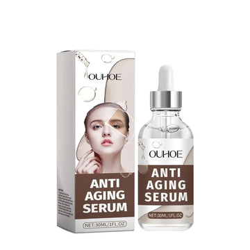Clear glass bottle with silver dropper cap and white label containing ouhooe anti-aging repair fluid serum