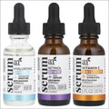 Three glass serum bottles with black droppers and colored labels in ai arn anti-aging serum item package for luxury women’s fashion