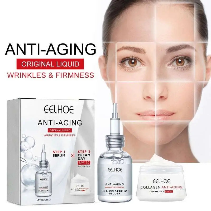 Eelhoe anti-aging skin rejuvenation water bank set with silver serum bottle and white cream jar for fading wrinkle care