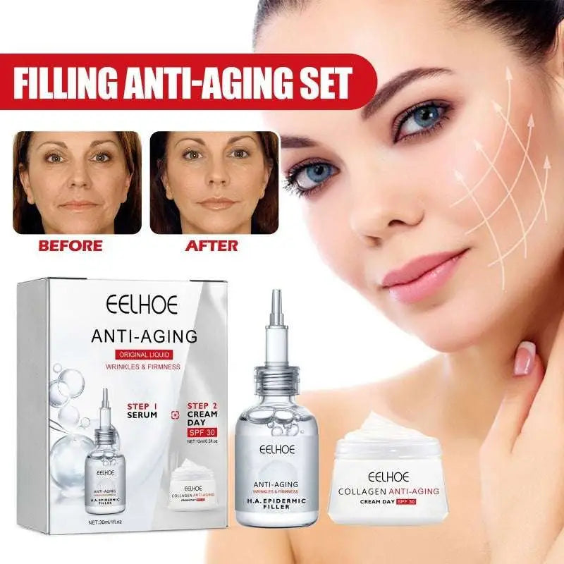 Eelhoe anti-aging skin rejuvenation water bank set with silver serum bottle and white cream jar for fading wrinkle care