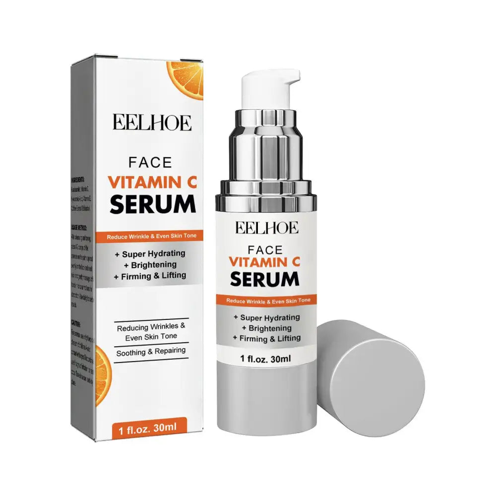 Silver and white eelhoe anti-aging whitening vitamin c care serum bottle with pump dispenser next to matching box