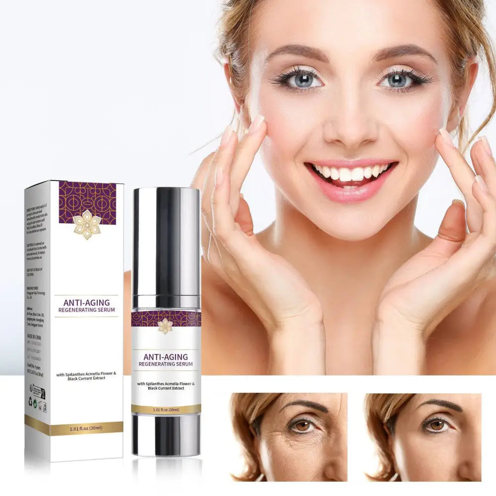 Silver-toned anti-aging regenerating serum bottle with purple and gold band for wrinkle hydrating care solution