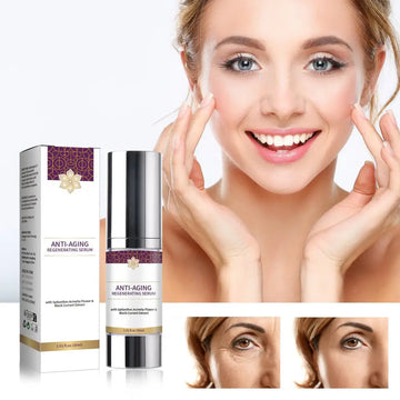 Silver-toned anti-aging regenerating serum bottle with purple and gold band for wrinkle hydrating care solution