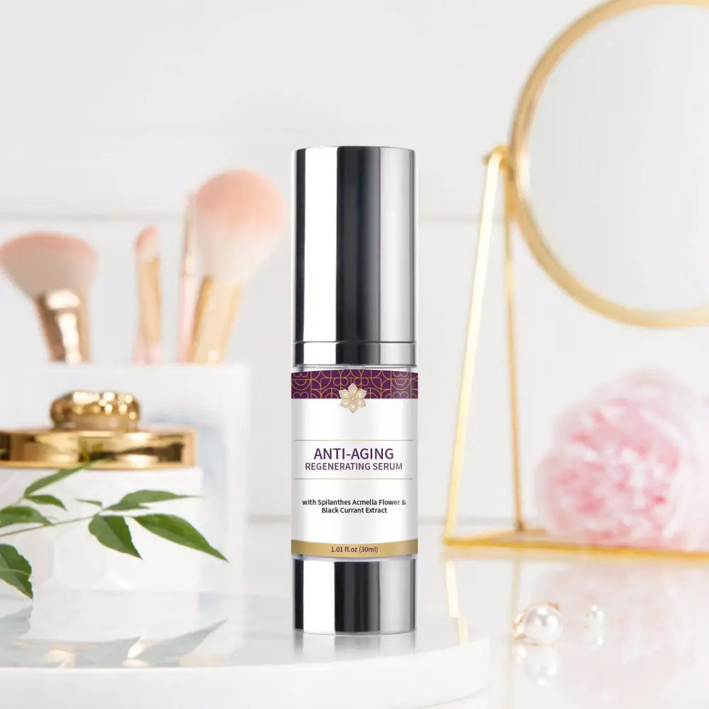 Silver-toned anti-aging regenerating serum bottle with sleek design and purple floral band for wrinkle hydrating care