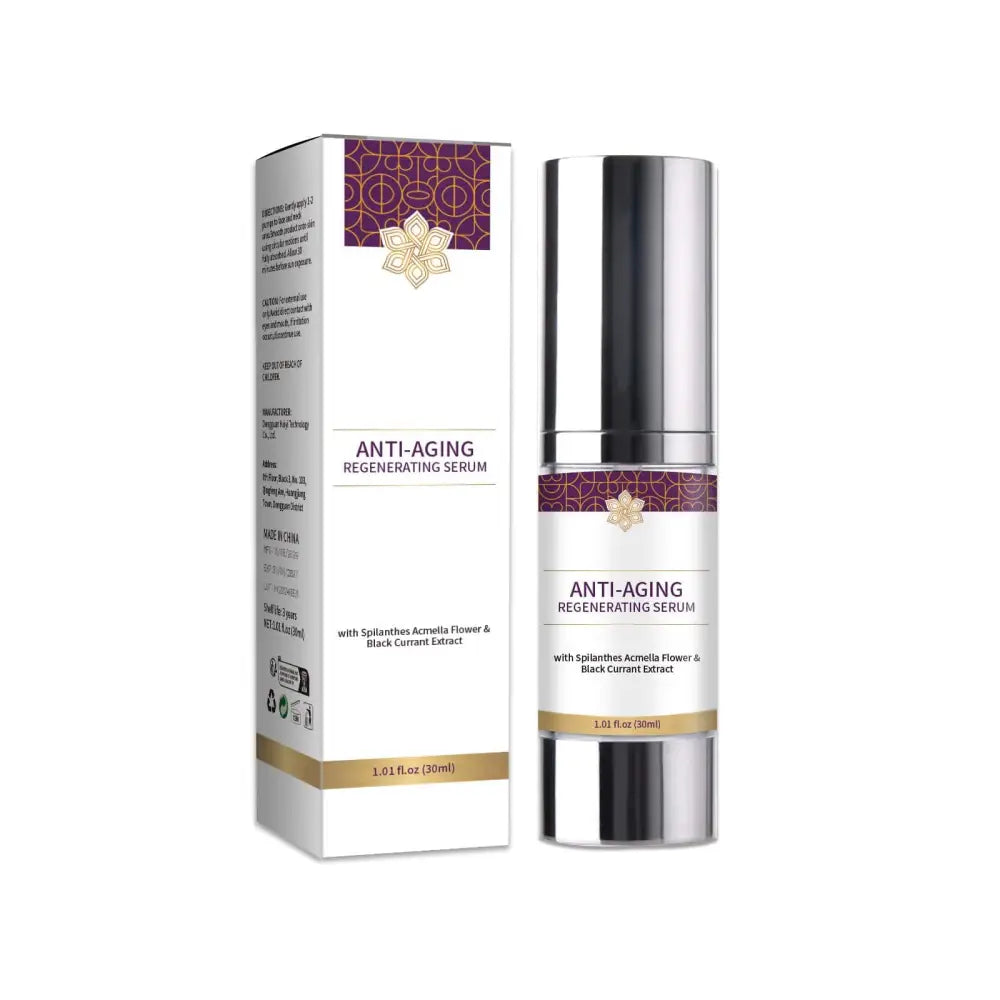 Silver-toned anti-aging regenerating serum bottle with sleek cylindrical design and purple bands for wrinkle hydrating care
