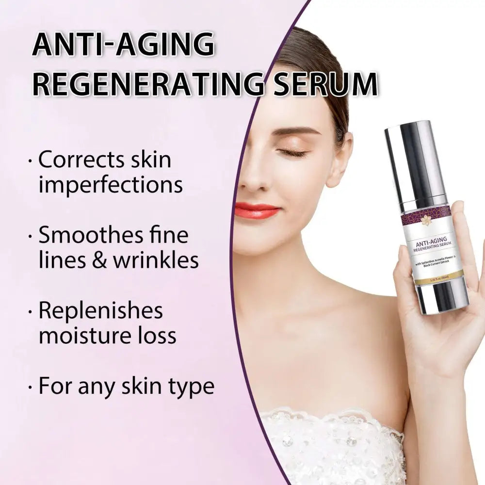 A sleek silver-toned anti-aging regenerating serum bottle with a gold band for wrinkle hydrating care solution