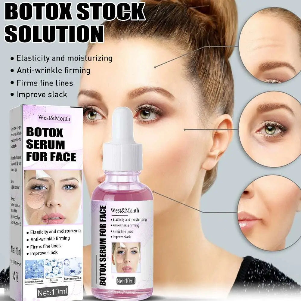 West&month botox serum anti-wrinkle skin care lifting solution in clear glass bottle with white dropper cap and pink liquid