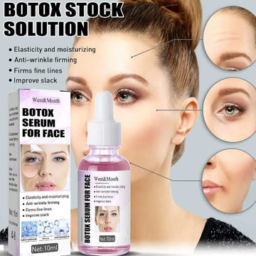 West&month botox serum anti-wrinkle skin care lifting solution in clear glass bottle with white dropper cap and pink liquid