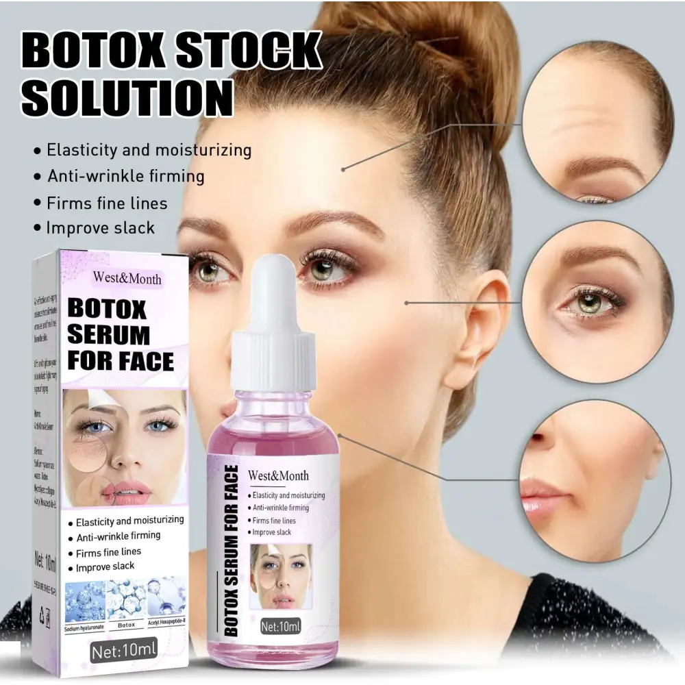 West&month botox serum in clear glass bottle with white dropper cap containing pink anti-wrinkle skin care lifting solution