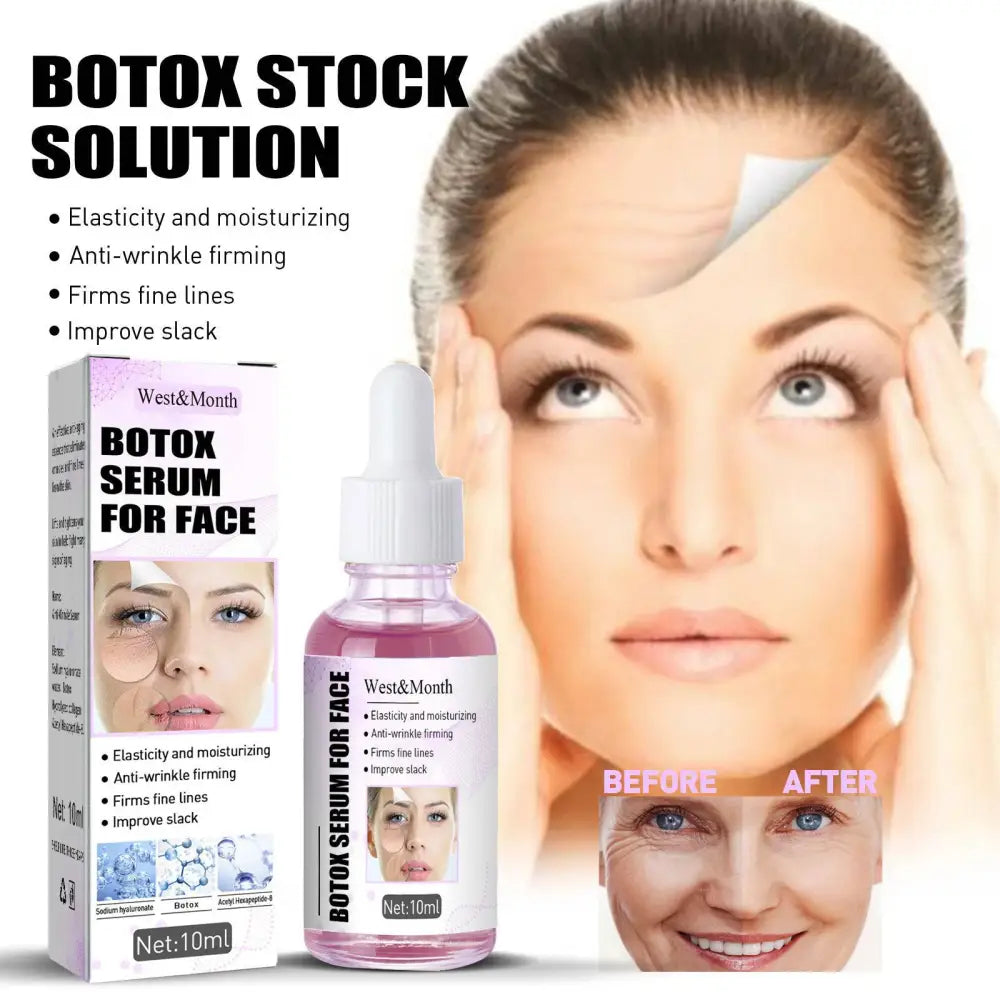 Westmonth botox serum in a clear glass 10ml bottle with white dropper cap containing pink anti-wrinkle care lifting solution