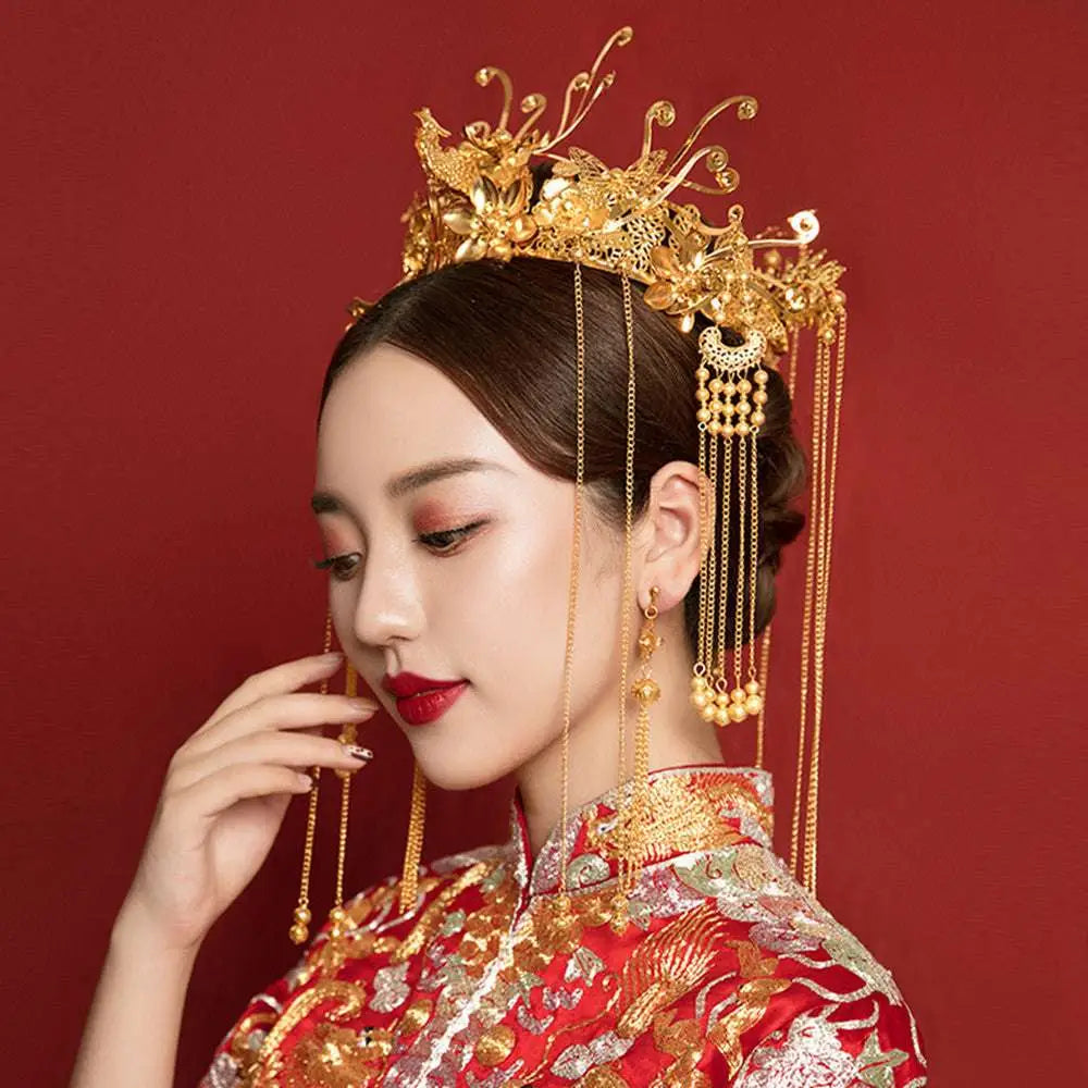 Antique gold filigree bridal hair crown with intricate filigree, dangling chains, and beadwork for bride hair crown use
