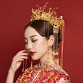 Antique gold filigree bridal hair crown with intricate filigree, dangling chains, and beadwork for bride hair crown use