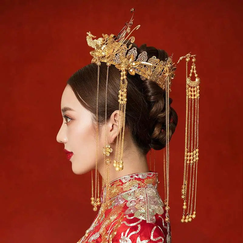Elegant antique gold filigree bride hair crown featuring a gold dragon and phoenix design with pearl-like beads
