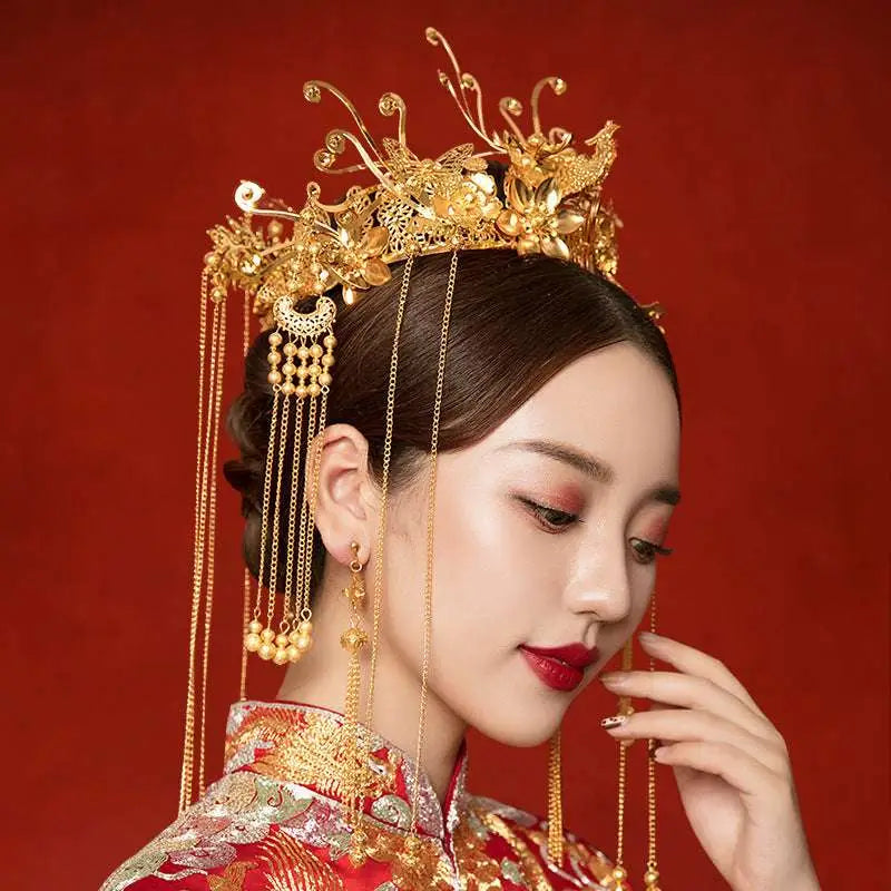 Antique gold filigree bride hair crown with intricate filigree and dangling pearl chains for bridal wear