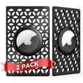 Black perforated leather apple airtag holder credit card wallet case with circular cutouts and central apple logo emblem