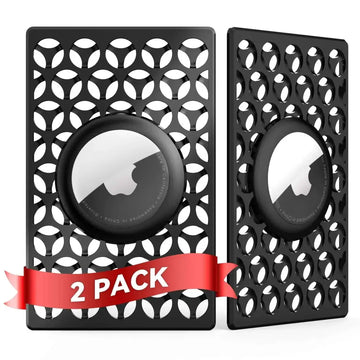 Black perforated magnetic apple airtag holder credit card wallet case with circular cutouts and central apple logo emblem