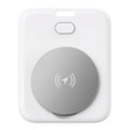 White rectangular apple locator pet tracking device featuring a silver circular rectangular wireless charging pad with lightning bolt icon