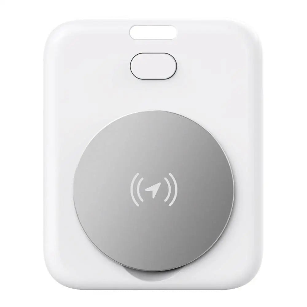 White rectangular apple locator pet tracking device featuring a silver circular rectangular wireless charging pad with lightning bolt icon
