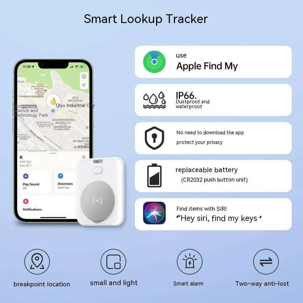White rectangular apple locator pet tracking device with circular gray sensor face and rectangular wireless charging design