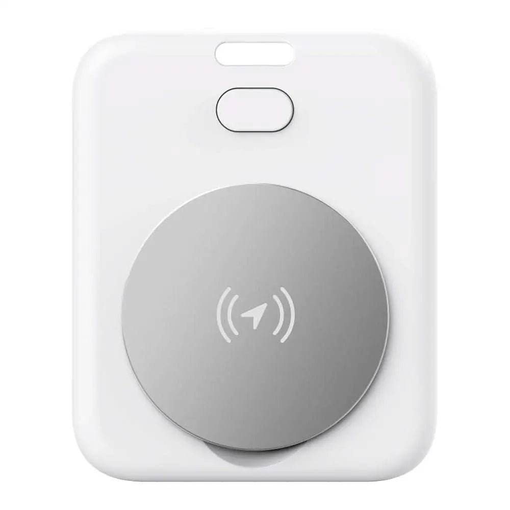White rectangular apple wireless charger with silver circular charging pad for locator pet tracking device
