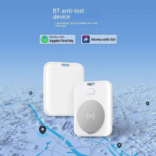 White rectangular apple find my locator pet tracking device with circular silver accent and wireless charging feature