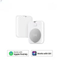 White rectangular apple airtag with silver circular rectangular wireless charging pad for locator pet tracking device