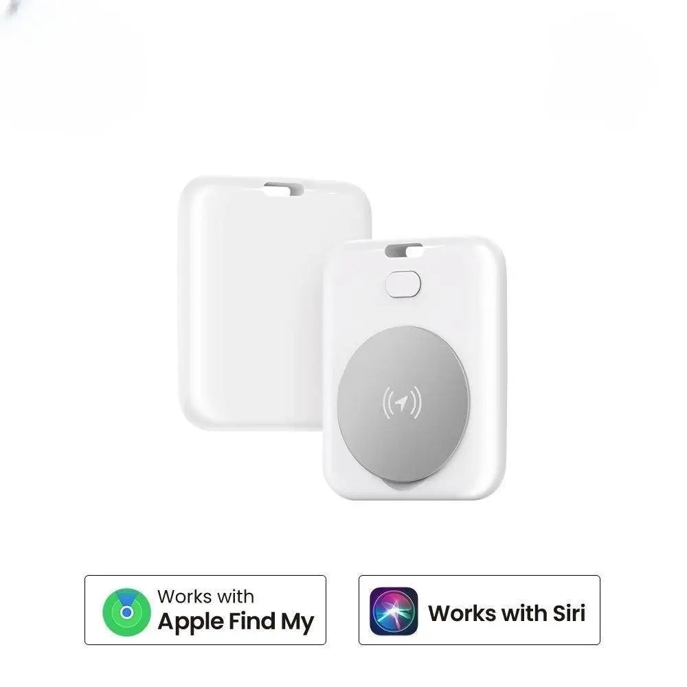 White rectangular apple airtag with silver circular rectangular wireless charging pad for locator pet tracking device