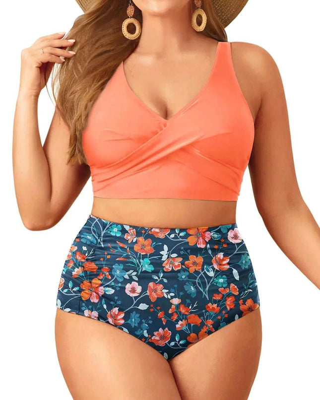 Aqua Eve Women Plus Size Two Piece Swimsuit High Waisted Bikini Set Tummy Control Bathing Suit Orange Peach Floral 14W - Royalessencelux