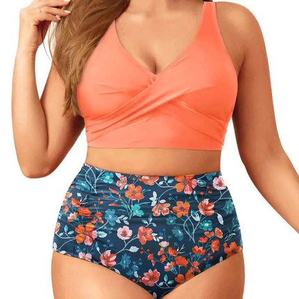 Aqua Eve Women Plus Size Two Piece Swimsuit High Waisted Bikini Set Tummy Control Bathing Suit Orange Peach Floral 14W - Royalessencelux