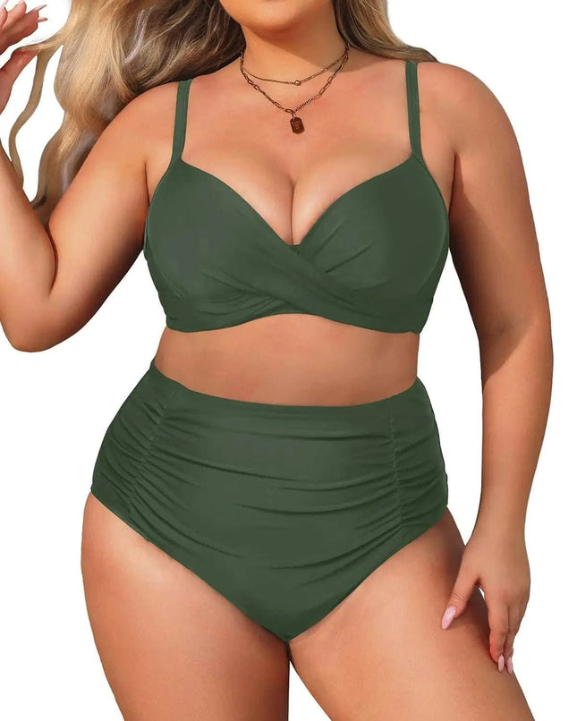 Aqua Eve Women Plus Size Underwire Bikini Two Piece Swimsuit High Waisted Tummy Control Bathing Suit Army Green 14W - Royalessencelux