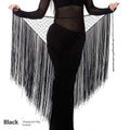 Black argentina style triangular binder shawl with mesh body and long fringe tassels for dance use