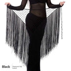 Black argentina style triangular binder shawl with mesh body and long fringe tassels for dance use