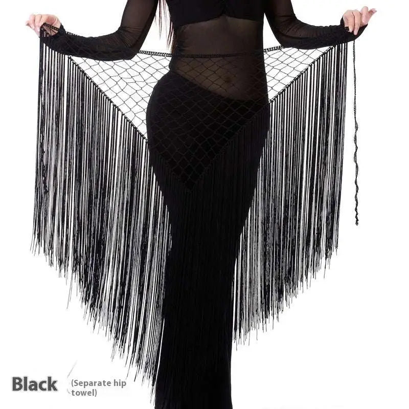 Black argentina style triangular binder shawl with mesh body and long fringe tassels for dance use