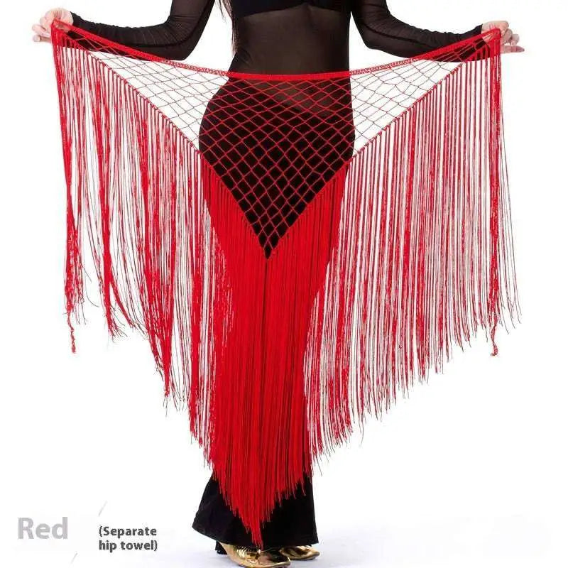 Red fringe dance argentina style triangular binder shawl with mesh net design for hip scarf use