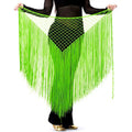 Vibrant neon green argentina style triangular binder shawl hip scarf with mesh top and long fringe dance tassels