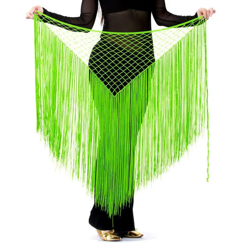 Vibrant neon green argentina style triangular binder shawl hip scarf with mesh top and long fringe dance tassels