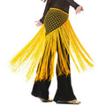 A vibrant yellow fringe dance argentina style triangular binder shawl with a black mesh waistband for hip scarf use