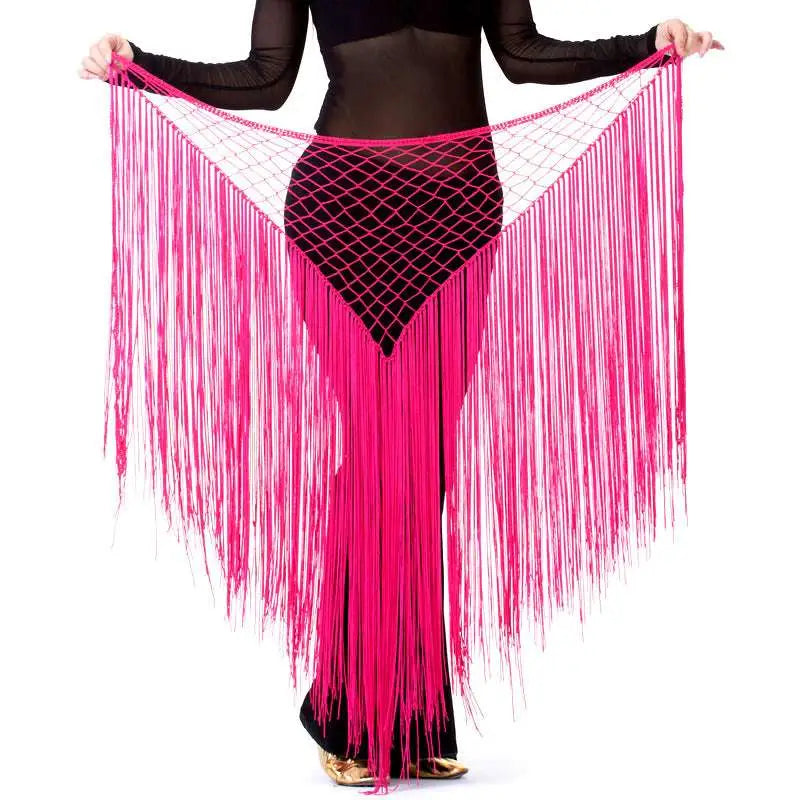 Argentina style triangular binder shawl with vibrant fuchsia fringe and mesh netting for dance and hip scarf use