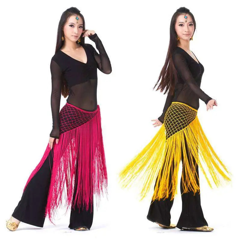 Argentina style triangular binder shawl hip scarf with vibrant pink and yellow fringe dance skirt and black mesh trim panel