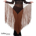 Brown argentina style triangular binder shawl hip scarf with mesh top and long flowing fringe dance tassels