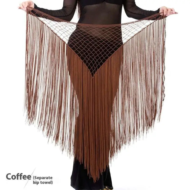 Brown argentina style triangular binder shawl hip scarf with mesh top and long flowing fringe dance tassels