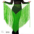 Argentina style triangular binder shawl in vibrant neon green mesh with long flowing fringe dance tassels
