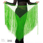 Argentina style triangular binder shawl in vibrant neon green mesh with long flowing fringe dance tassels