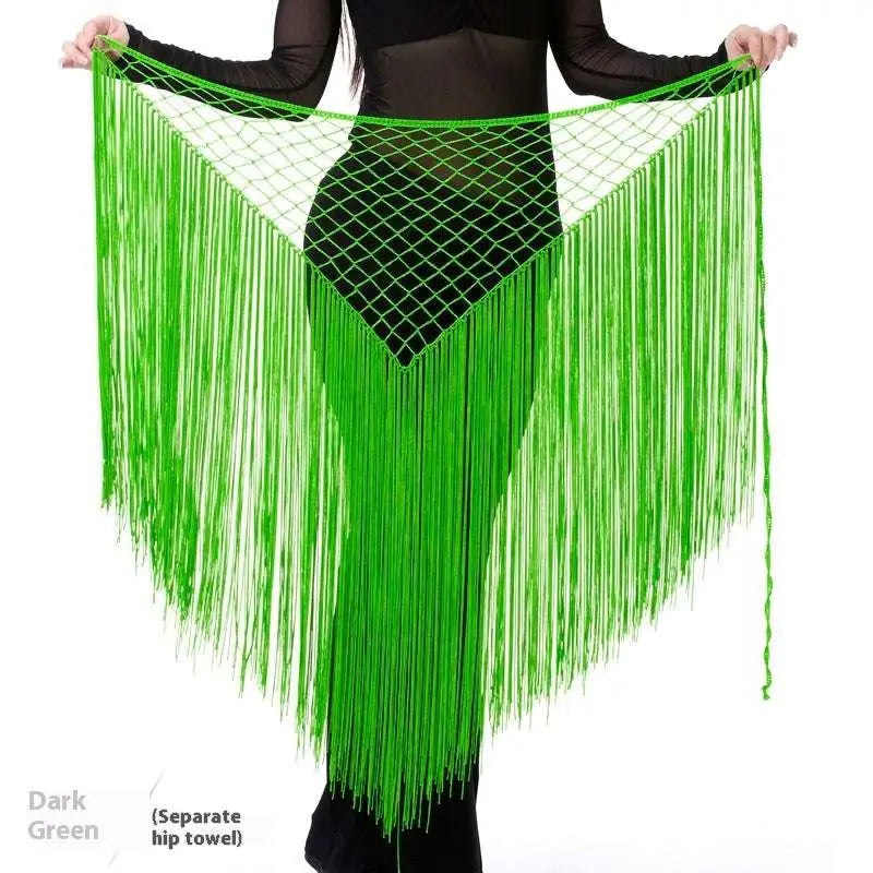 Argentina style triangular binder shawl in vibrant neon green mesh with long flowing fringe dance tassels