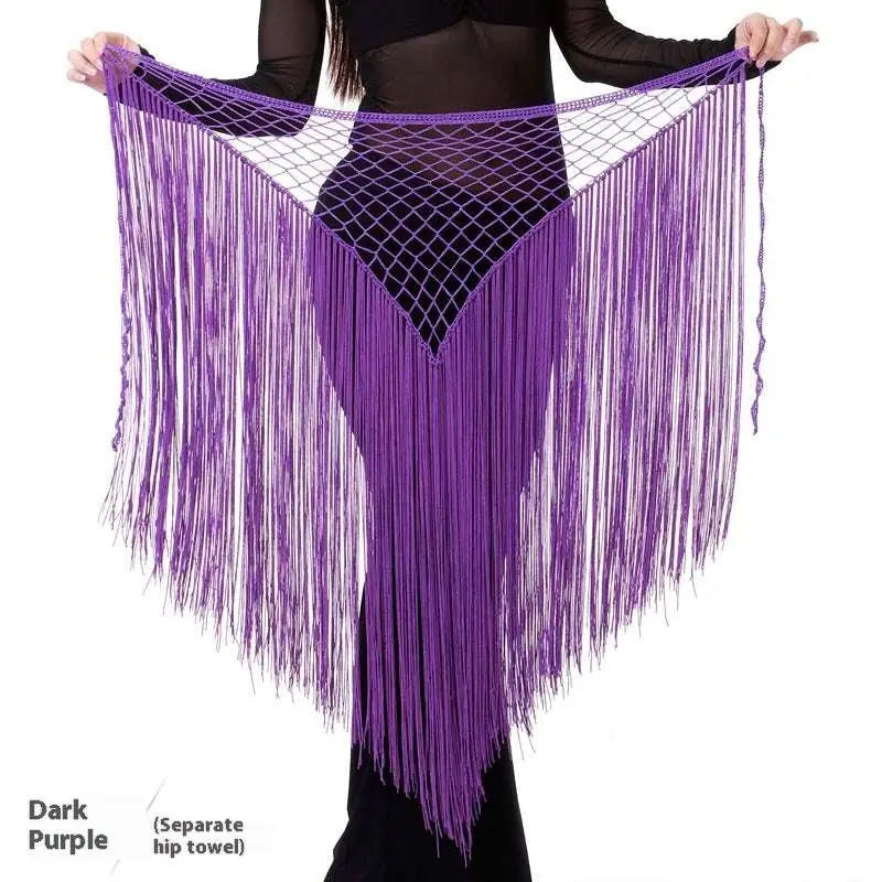 Argentina style triangular binder shawl dark purple fringe dance shawl with mesh top and long flowing tassels