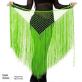 Argentina style triangular binder shawl in fruit green with mesh top and long flowing fringe dance tassels