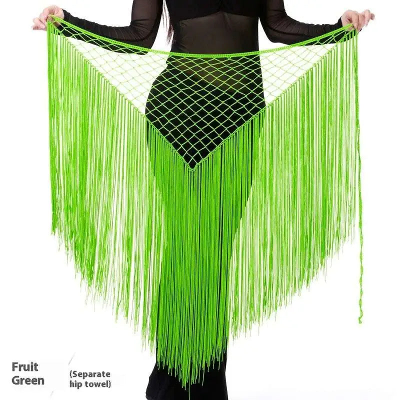 Argentina style triangular binder shawl in fruit green with mesh top and long flowing fringe dance tassels