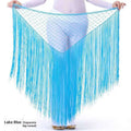 Argentina style triangular binder shawl hip scarf in vibrant lake blue with mesh top and long flowing fringe tassels