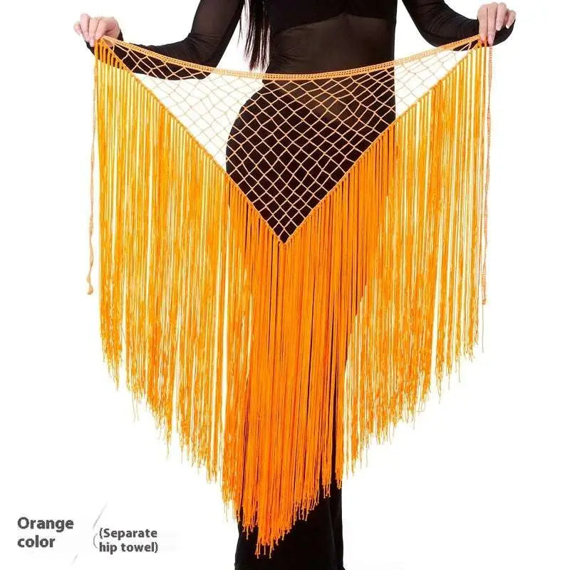 Orange argentina style triangular binder shawl hip scarf with vibrant fringe dance detail mesh panel and adjustable straps